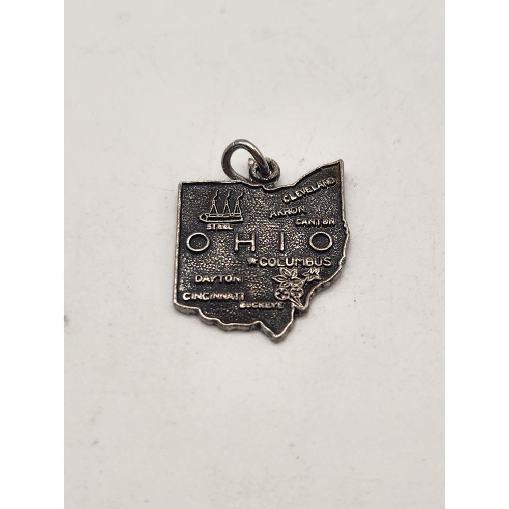 Vintage Sterling Silver Ohio State Map Souvenir Charm Pendant Cleveland Columbus